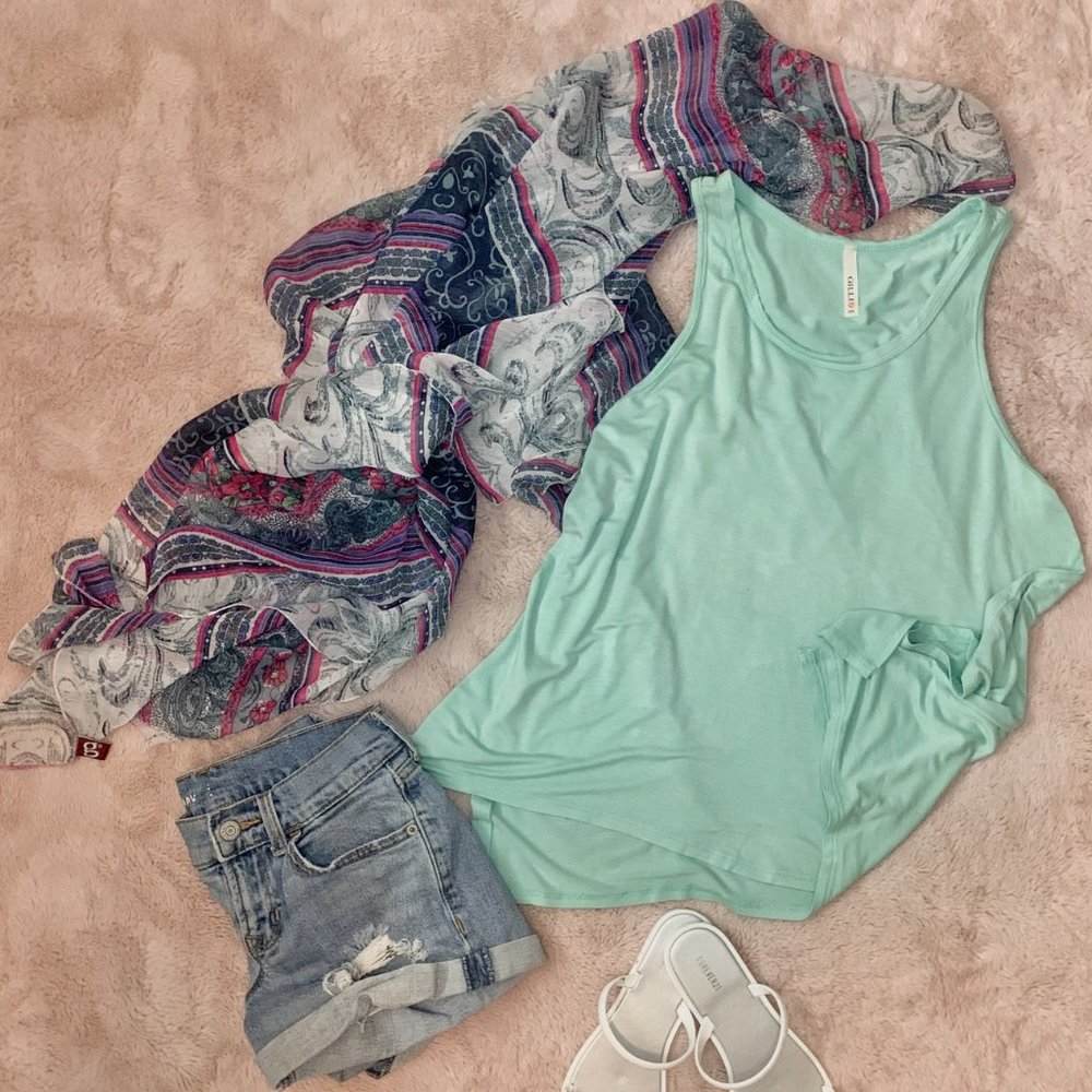 Flowy tank top, beach shoes, flowy wrap, shorts